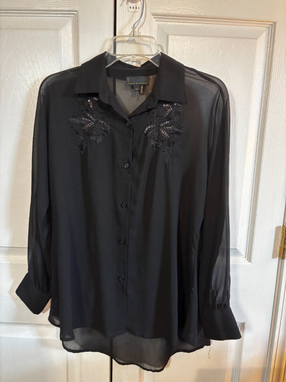 I Jeans By Buffalo Womens Sheer Floral Blouse Black Size S Beaded Embroidered